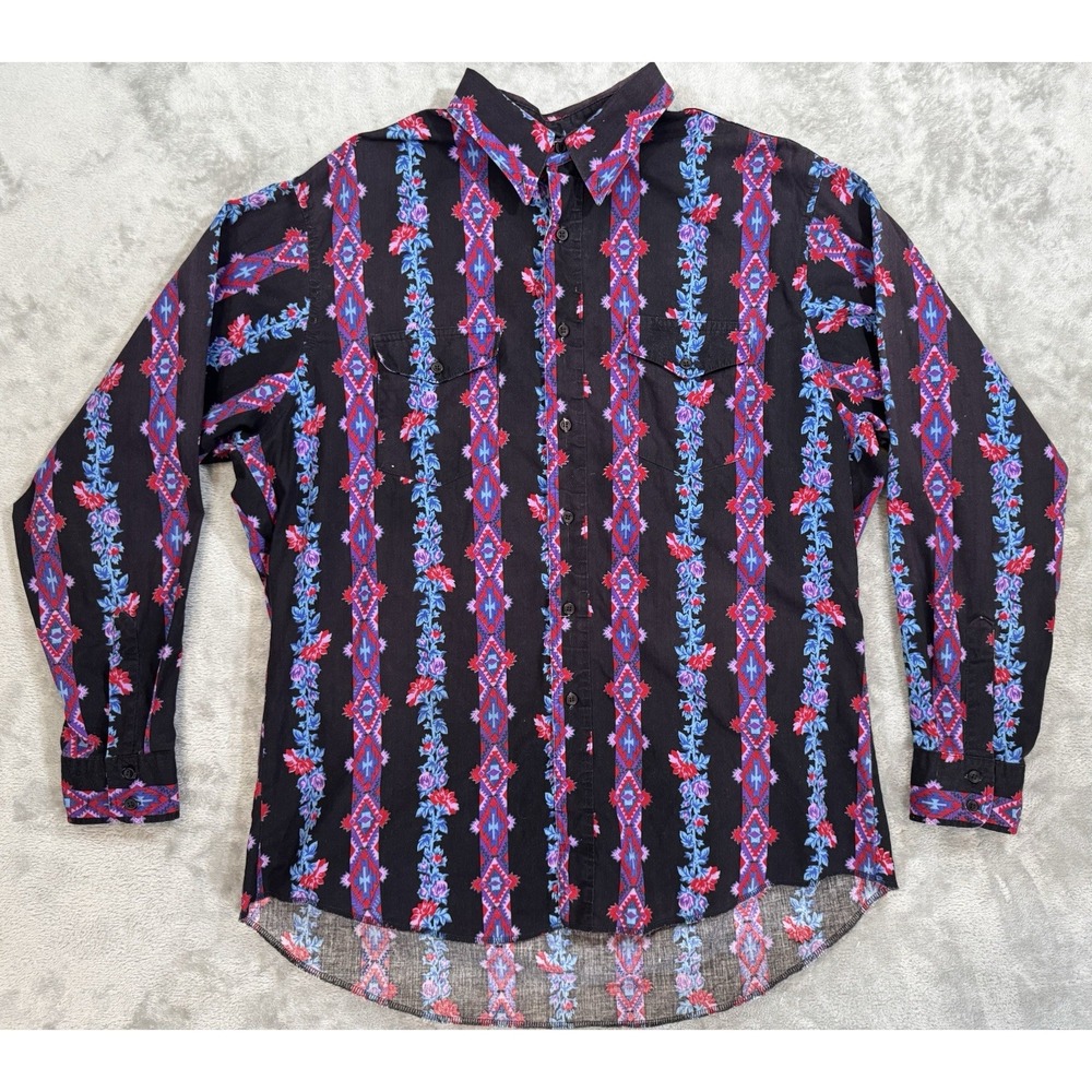 VTG Wrangler Shirt Mens XL Western Aztec Southwestern Stripe X Long Tails Cowboy